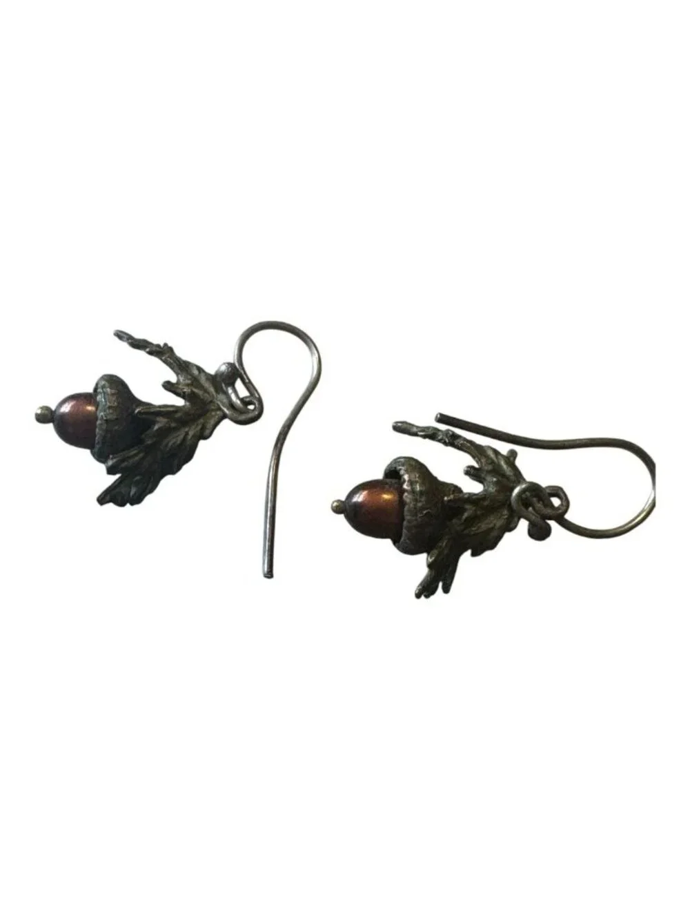 Antique Bronze Acorn Drop Earrings With Oak Leaf Details & Brown Beads Nature-In
